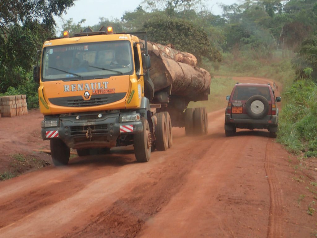 ロミエへの道　材木を積んだ大型トラックとすれちがう