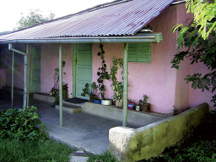ピンクの壁、緑の窓が可愛い四角い家