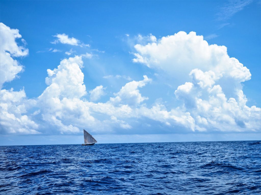 沖合にもダウ船スタイルの漁船が見えます。青一色の景色の中、タンザニアへと向かいます。