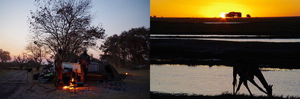 乾季は特に夕陽が美しい。日が暮れるとキャンプの火と星が美しい。