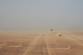 強い風が吹く日は、風景全体が砂埃で霞みます。