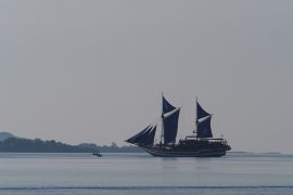 スラウェシ島発祥の伝統木造帆船「ピニシ」が今でも活躍しているフローレスの海。
