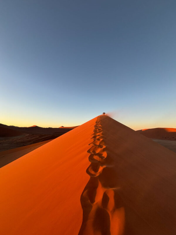 砂が朝陽に染まって朱色に。風がもの凄く強く一歩踏み外せば蟻地獄状態